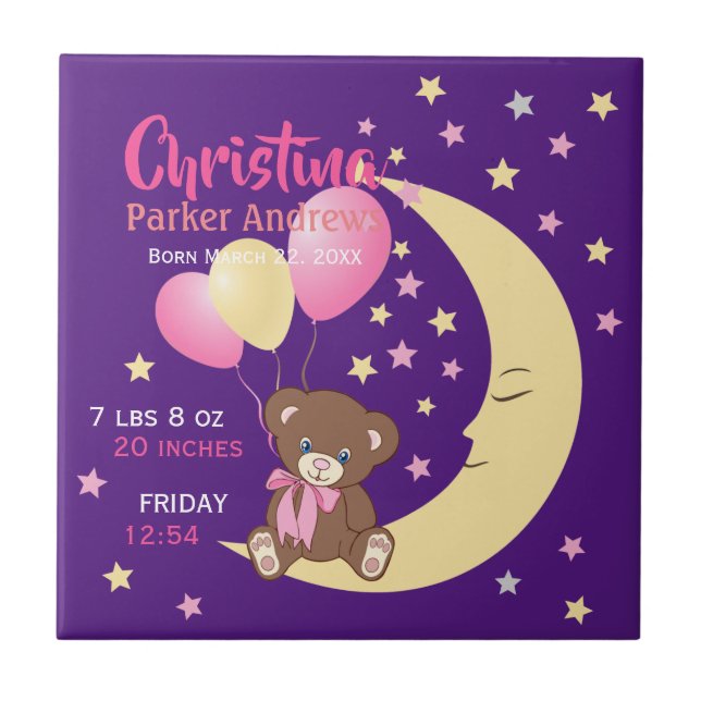 Teddy Bear Sitting on the Moon Baby Birth Stats Tile (Front)
