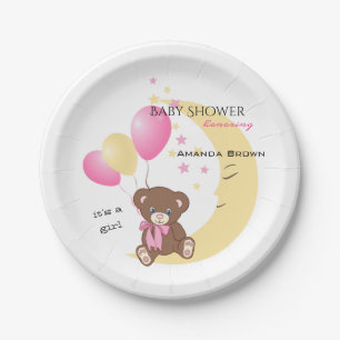 Teddy Bear Sitting on the Moon   Baby Girl Shower Paper Plate