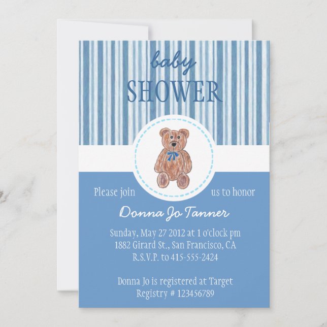 Teddy Bear Sketch Baby Shower Invitation - Blue (Front)