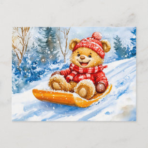 Teddy Bear Sledding Downhill in Winter Postcard