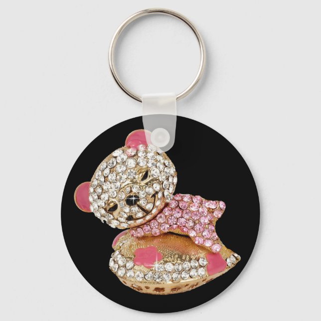 Teddy bear sleeping beauty diamond cute pink key ring (Front)