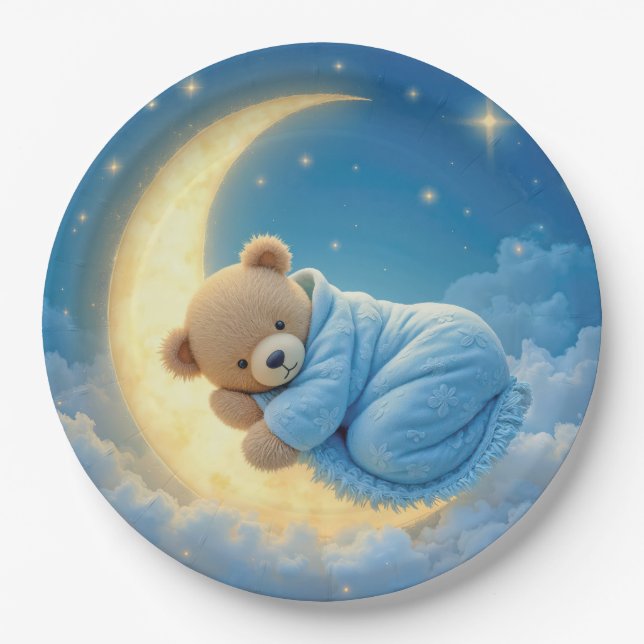 Teddy Bear Sleeping on a Moon Paper Plate (Front)