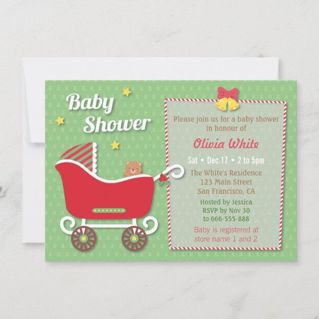 Teddy Bear Sleigh Stroller Baby Shower Invitations (Front)