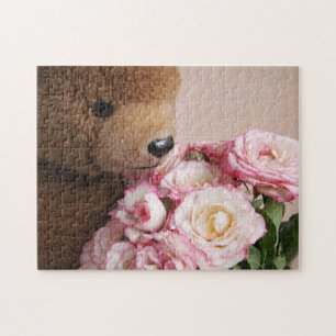 Teddy bear smells the roses jigsaw puzzle