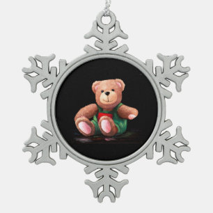 Teddy Bear Snowflake Pewter Christmas Ornament