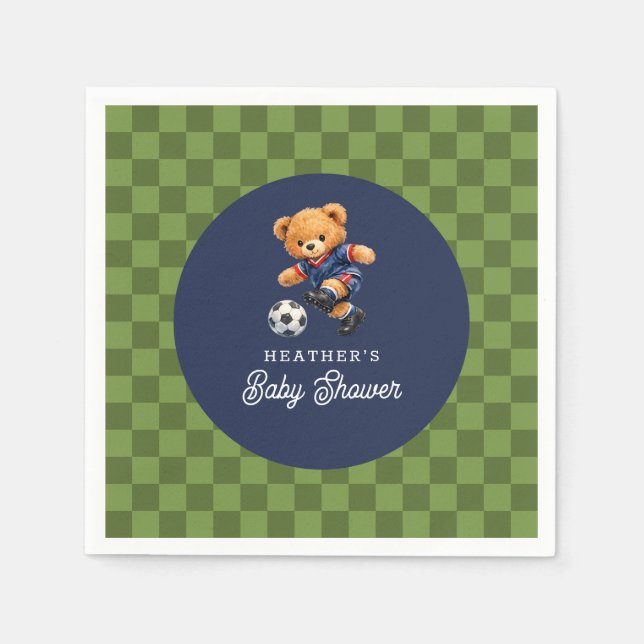 Teddy Bear Soccer Sport Checkboard Baby Shower Napkin (Front)