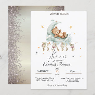 Teddy Bear Stars Glitter Gold Baby Shower Invitation