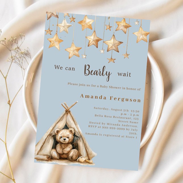 Teddy bear stars teepee blue Baby Shower Invitation (Creator Uploaded)