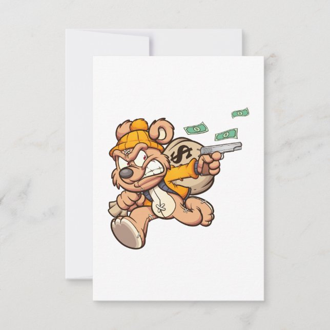 teddy bear stealing a big bag of money invitation (Front)
