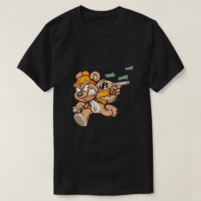 teddy bear stealing a big bag of money T-Shirt (Design Front)