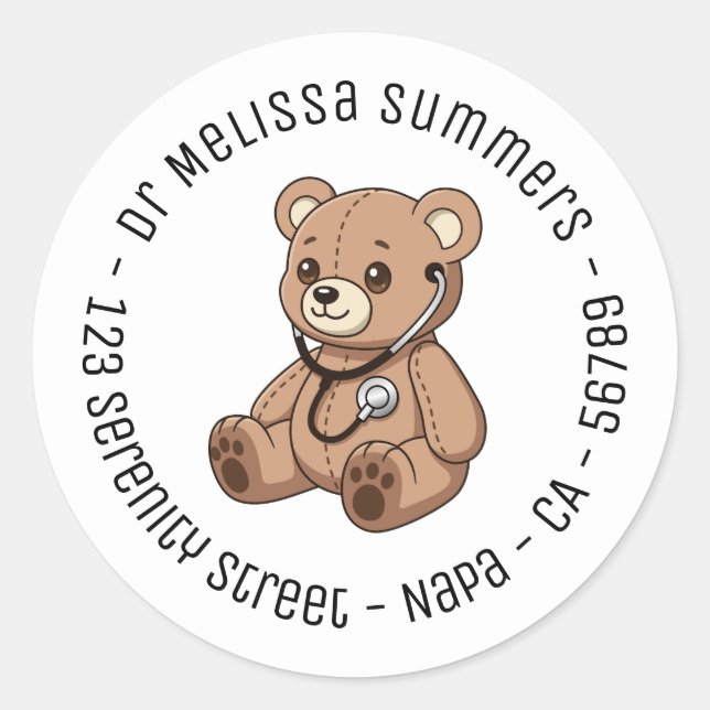 Teddy Bear Stethoscope Paediatrician Round Text Classic Round Sticker (Front)
