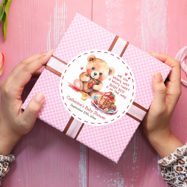 Teddy Bear Strawberry Pancake Brunch Baby Shower  Classic Round Sticker (Creator Uploaded)