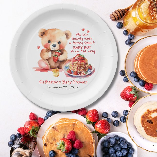 Teddy Bear Strawberry Pancake Brunch Baby Shower  Paper Plate (Creator Uploaded)