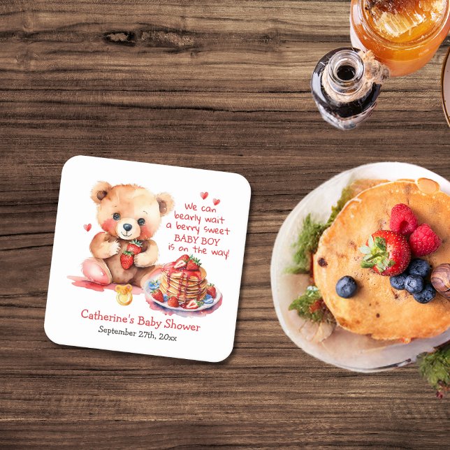Teddy Bear Strawberry Pancake Brunch Baby Shower  Square Paper Coaster (Creator Uploaded)