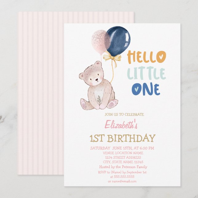 Teddy Bear Striped Hello Little One Birthday  Invitation (Front/Back)