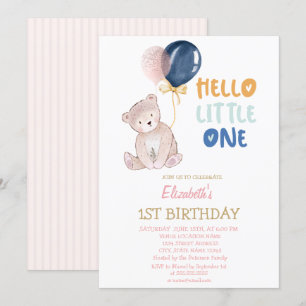 Teddy Bear Striped Hello Little One Birthday  Invitation