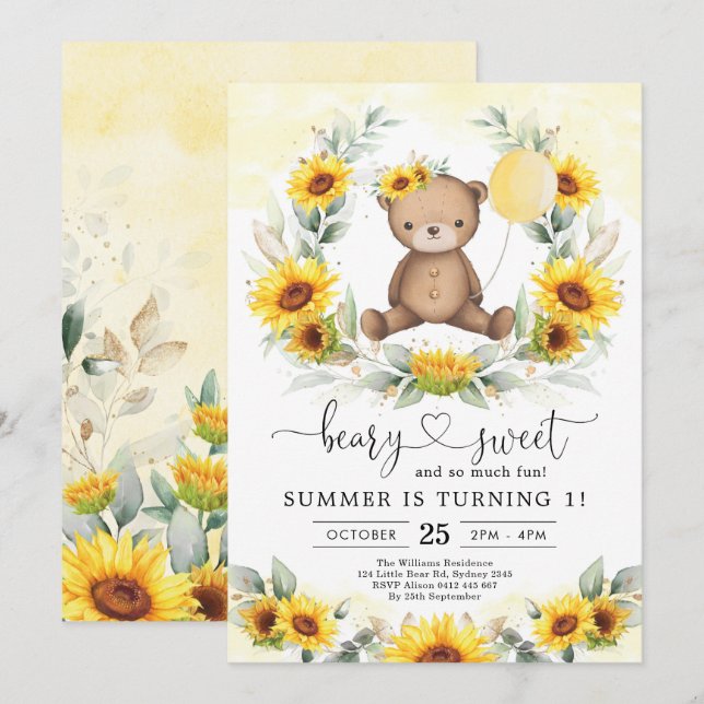 Teddy Bear Summer Sunflower Greenery Birthday Girl Invitation (Front/Back)