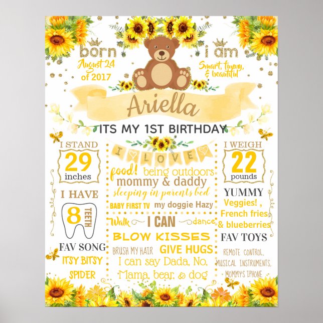 Teddy Bear Sun Flower Birthday Party sign board (Front)