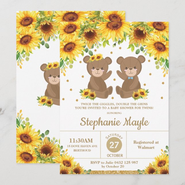 Teddy Bear Sunflower Baby Shower Twin Boy Girl Invitation (Front/Back)