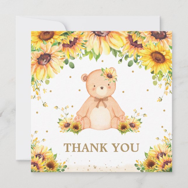 Teddy Bear Sunflower Floral Baby Shower Birthday T Thank You Card (Front)