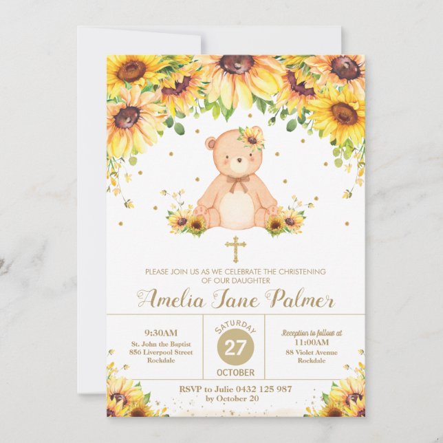 Teddy Bear Sunflower Floral Christening Baptism  Invitation (Front)