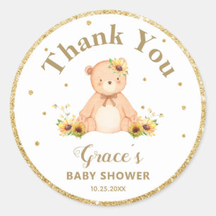 Teddy Bear Sunflower Thank You Favour Gold Glitter Classic Round Sticker