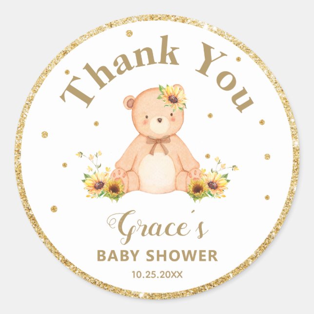 Teddy Bear Sunflower Thank You Favour Gold Glitter Classic Round Sticker (Front)