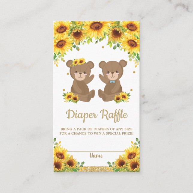 Teddy Bear Sunflower Twins Boy Girl Diaper Raffle Enclosure Card (Front)