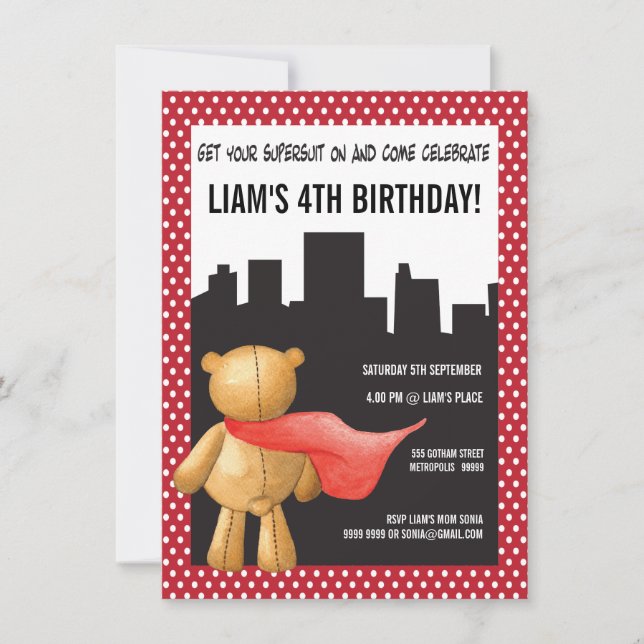 Teddy Bear Super Hero Boys Birthday Party Invite (Front)