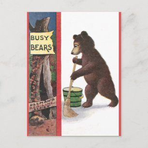 Teddy Bear Sweeping Floor Postcard