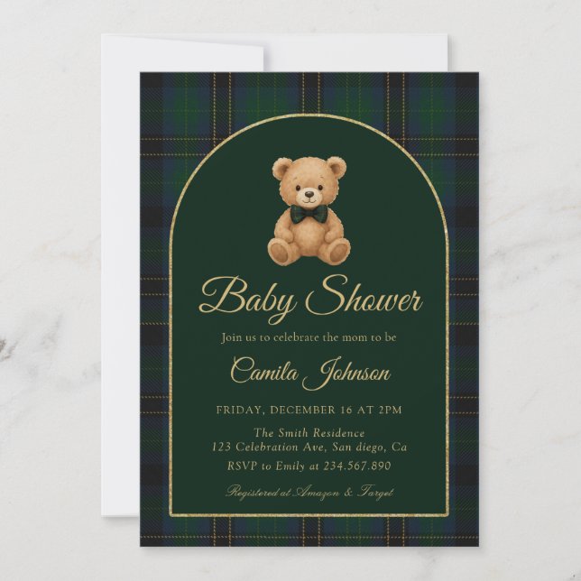 Teddy Bear Tartan Preppy Baby Shower Invitation (Front)