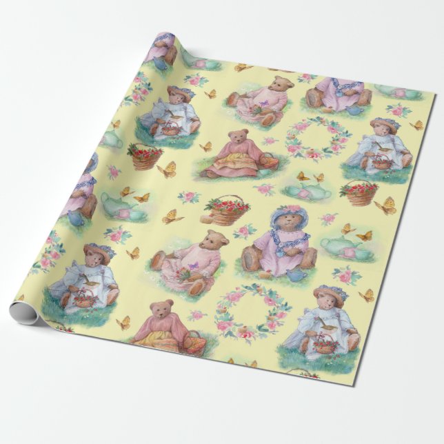 Teddy Bear Tea Party Vintage Palette  Wrapping Paper (Unrolled)