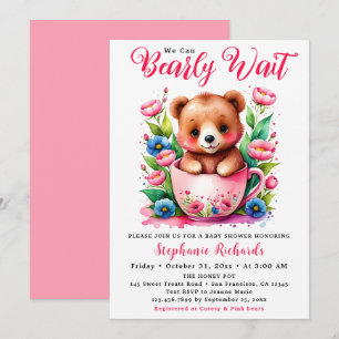 Teddy Bear Teacup Bearly Wait Pink Baby Shower  Invitation