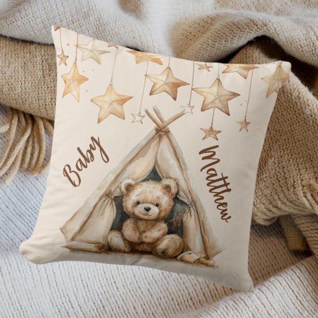 Teddy bear teepee beige brown stars boho nursery cushion (Creator Uploaded)
