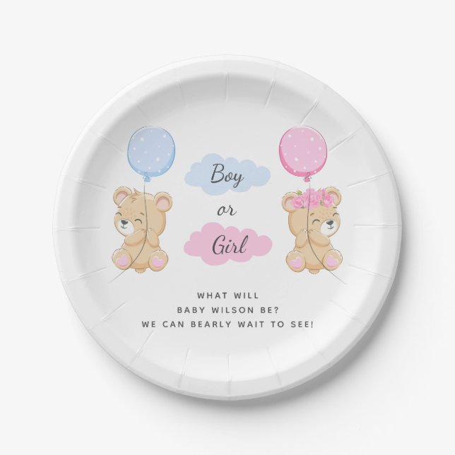 Teddy Bear Theme Gender Reveal Party Paper Plate (Front)
