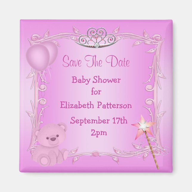 Teddy Bear & Tiara Pink Baby Shower Save The Date Magnet (Front)