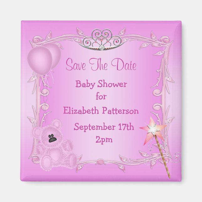 Teddy Bear & Tiara Pink Baby Shower Save The Date Magnet (Front)