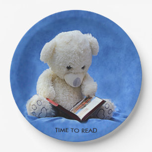 Teddy Bear Time to Read Blue Stuffed Animal, ZKOA Paper Plate