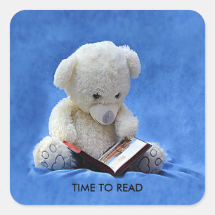 Teddy Bear Time to Read Blue Stuffed Animal, ZKOA Square Sticker