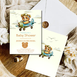 Teddy Bear Tiny Pilot Aeroplane Baby Shower Invitation