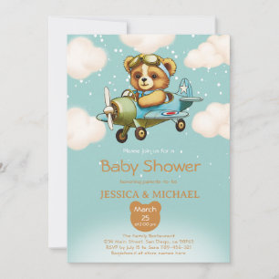Teddy Bear Tiny Pilot Aeroplane Baby Shower Invitation