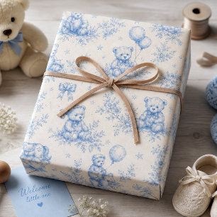 Teddy Bear Toile Blue Vintage Nursery Wrapping Paper Sheet