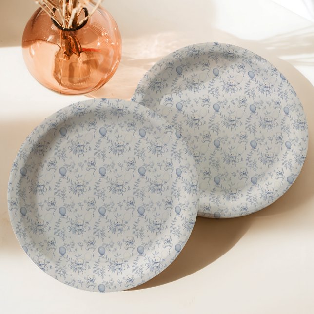 Teddy Bear Toile De Jouy Dusty Blue Baby Shower Paper Plate (Creator Uploaded)