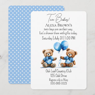 Teddy Bear Twin Baby Boy Shower Invitation