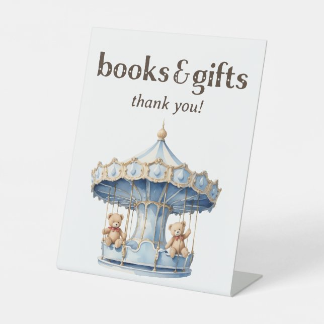 Teddy Bear Twin Boy Baby Shower Books and Gifts Pedestal Sign (Front)