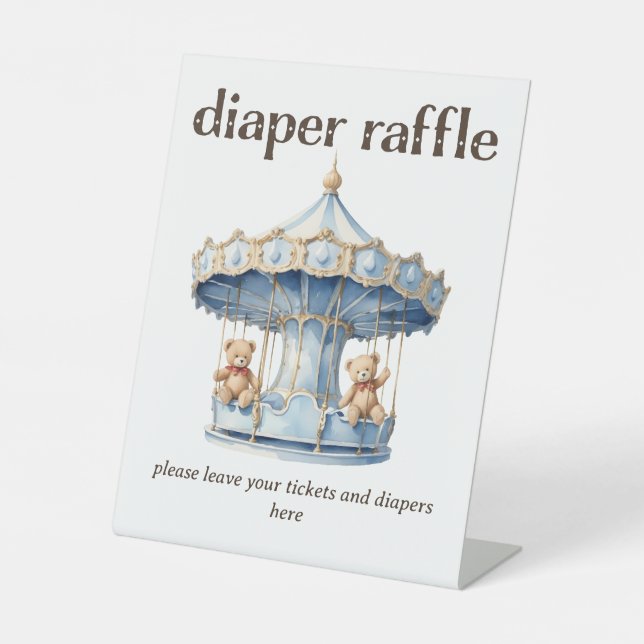 Teddy Bear Twin Boy Baby Shower Diaper Raffle Pedestal Sign (Front)