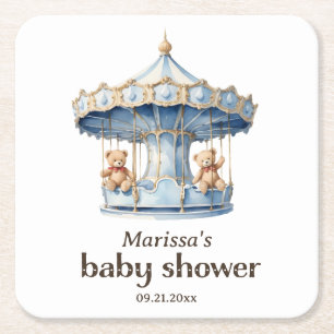 Teddy Bear Twin Boy Baby Shower Paper Coaster
