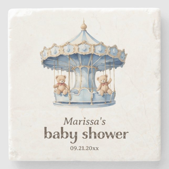 Teddy Bear Twin Boy Baby Shower Stone Coaster (Front)