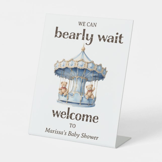 Teddy Bear Twin Boy Baby Shower Welcome Pedestal Sign (Front)