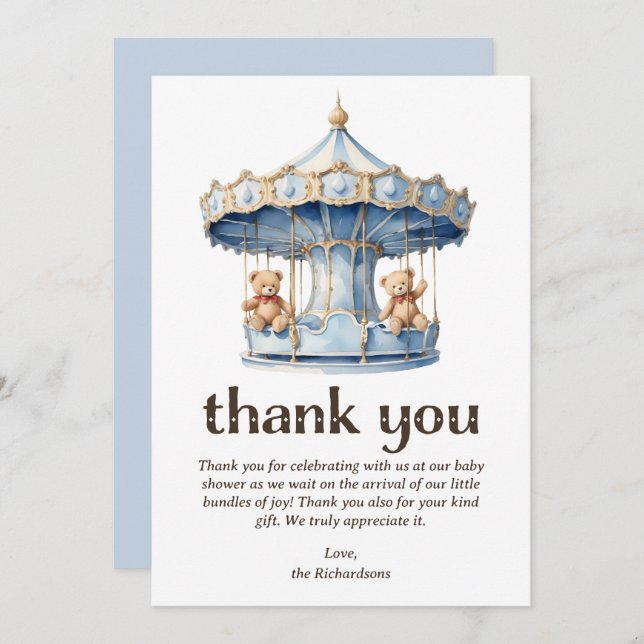 Teddy Bear Twin Boys Baby Shower Thank You Card (Front/Back)